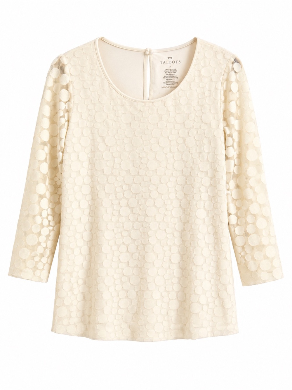 Talbots Ivory Textured Dot Knit Top | Mesh Polka Dot Sleeves | Medium